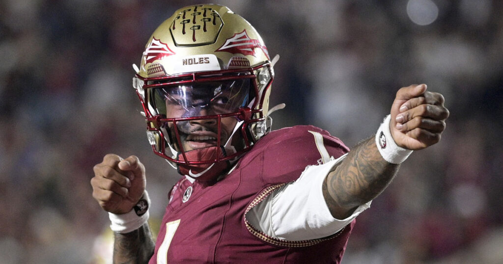 Florida State Seminoles quarterback Tommy Castellanos (1) celebrates a touchdown during the second half against the Wake Forest Demon Deacons at Doak S. Campbell Stadium. (Melina Myers-Imagn Images)