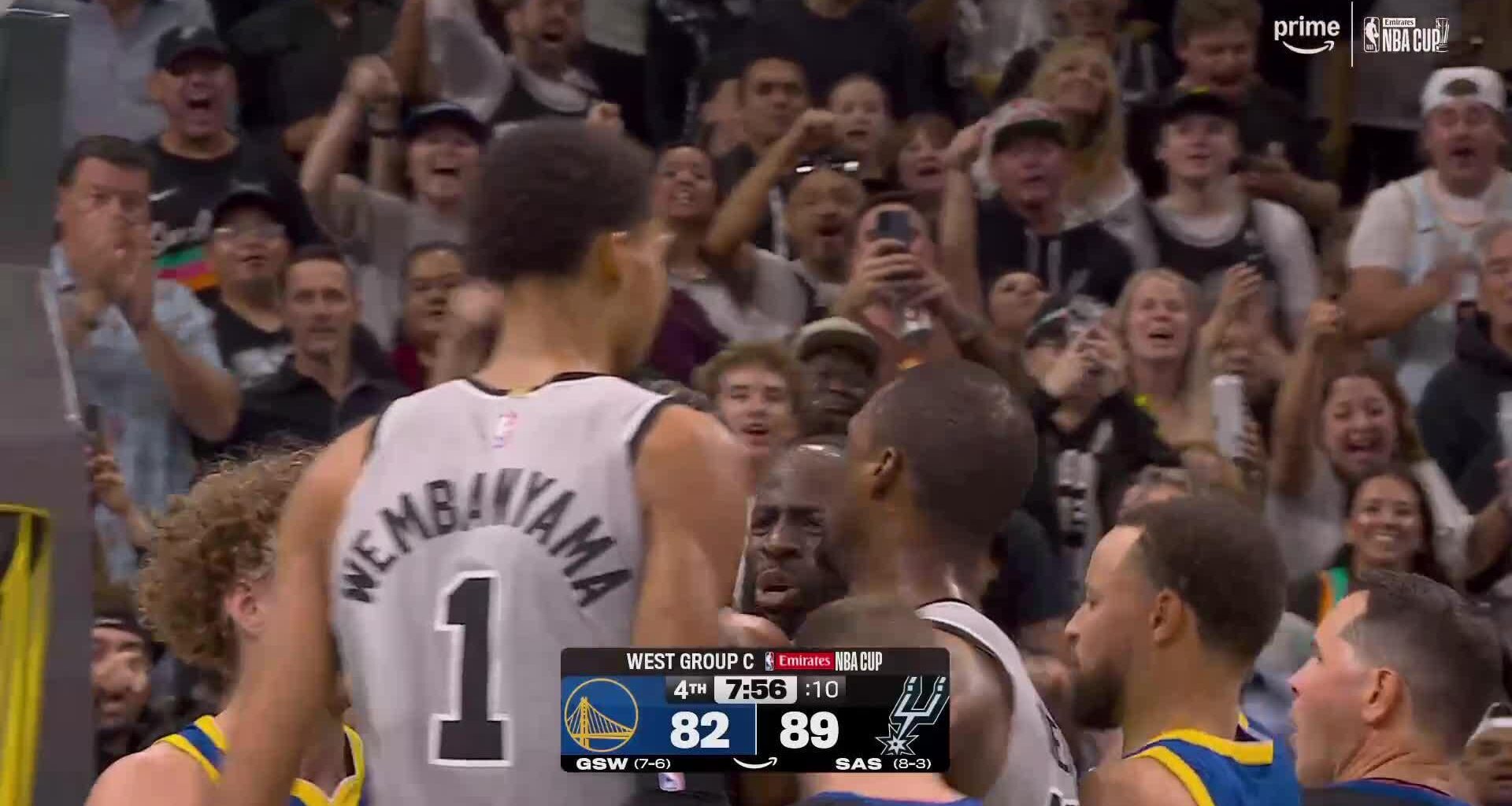 [Highlight] Draymond tries to get in Wemby's head and Wemby responds by THUNDERING a dunk over him + the foul (Full Sequence + Replay)