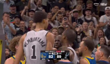 [Highlight] Draymond tries to get in Wemby's head and Wemby responds by THUNDERING a dunk over him + the foul (Full Sequence + Replay)