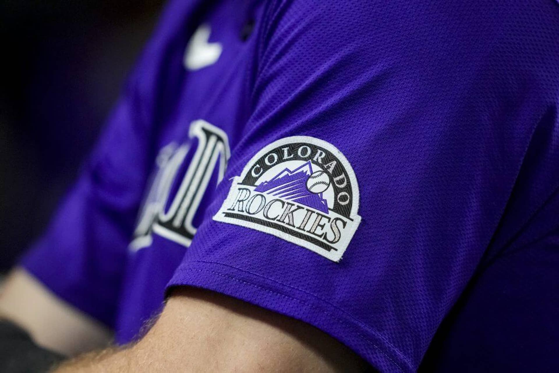 A close-up of the Rockies' logo on a jersey.