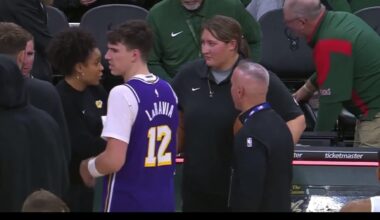 Giannis gives Luka the game ball for Laker's rookie Adou Thiero after a long standoff with the refs refusing to give it up