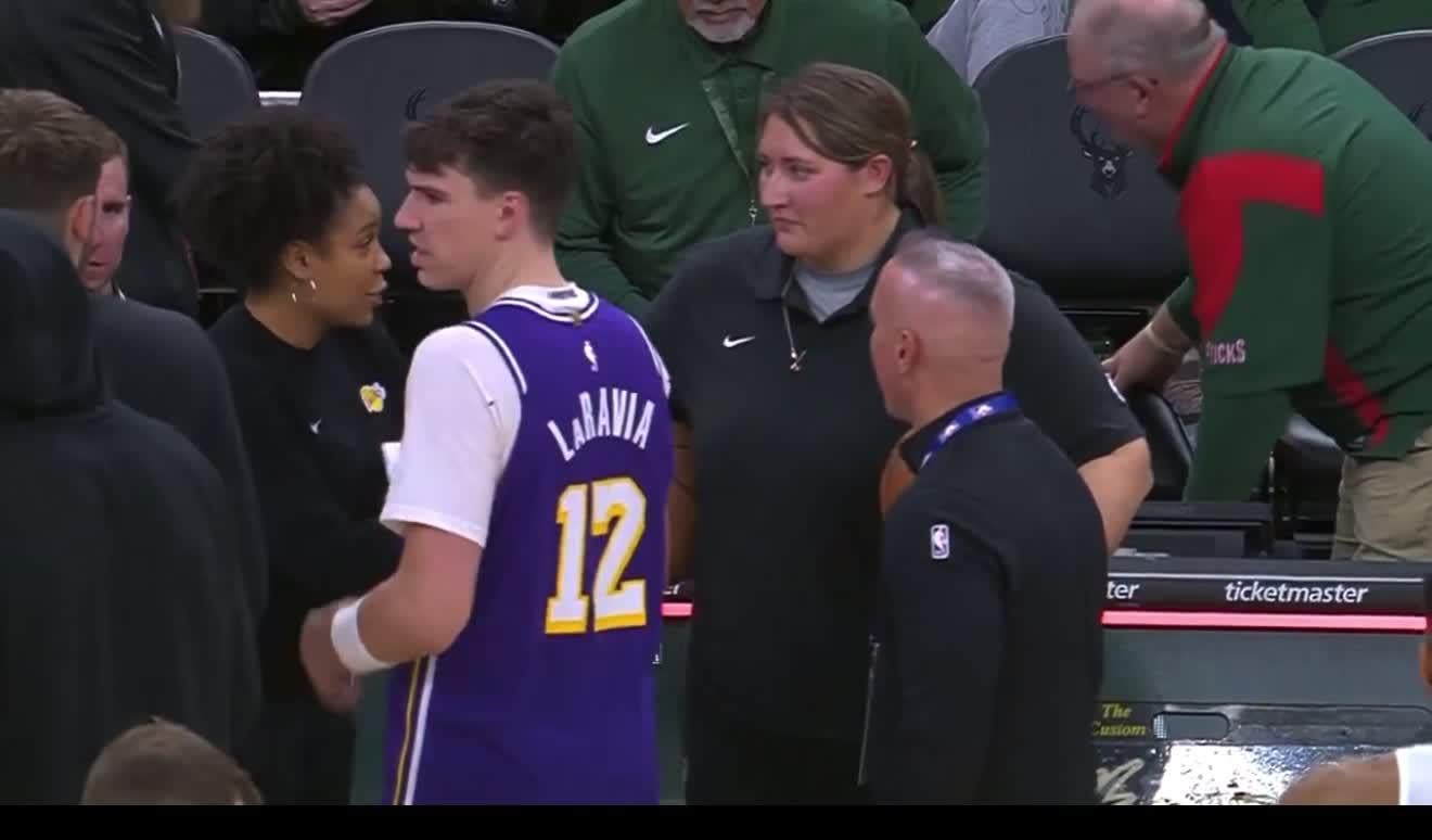 Giannis gives Luka the game ball for Laker's rookie Adou Thiero after a long standoff with the refs refusing to give it up