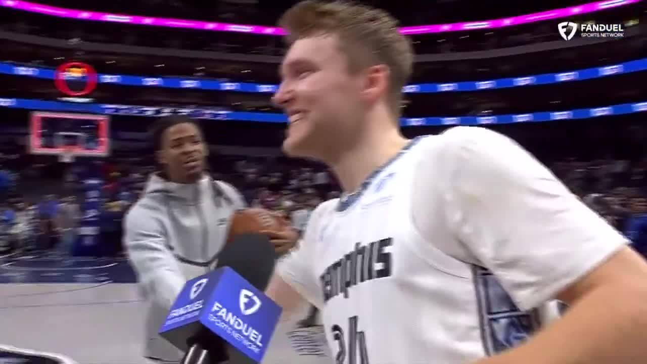 Ja Morant crashes Cam Spencer's postgame interview to hype him up...and take a dig at Klay Thompson, who was jawing at the Grizzlies all game: "Tell 'em who the best shooter in the house was, it wasn't bro from Golden State."