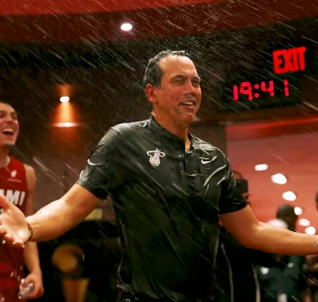 “For what? For what?” — Erik Spoelstra gets showered with water in the locker room and didn’t realize the team was celebrating him winning his 800th game