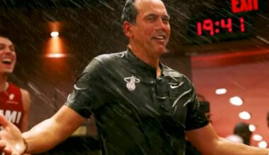 “For what? For what?” — Erik Spoelstra gets showered with water in the locker room and didn’t realize the team was celebrating him winning his 800th game