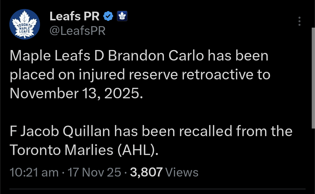 [Leafs PR] Maple Leafs D Brandon Carlo has been placed on injured reserve retroactive to November 13, 2025. F Jacob Quillan has been recalled from the Toronto Marlies (AHL).