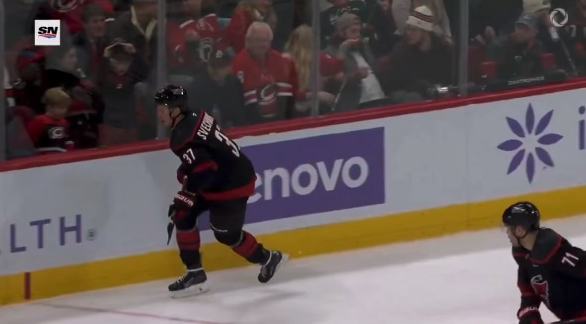 Blatant intentional elbow to Hroneks head by Svechnikov, no call on the ice.