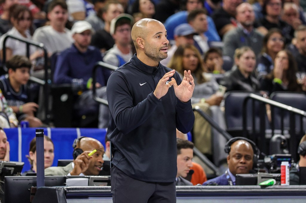 Brooklyn Nets head coach Jordi Fernandez motions to the court during the second quarter against the Orlando Magic at Kia Center.