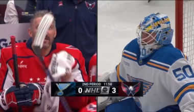 Jordan Binnington shoves Ovechkin’s 900th goal puck in his pants
