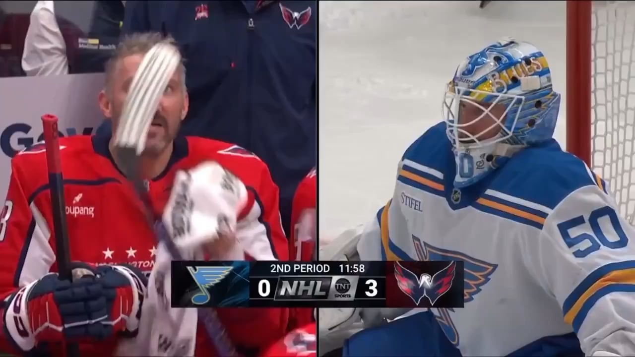 Jordan Binnington shoves Ovechkin’s 900th goal puck in his pants