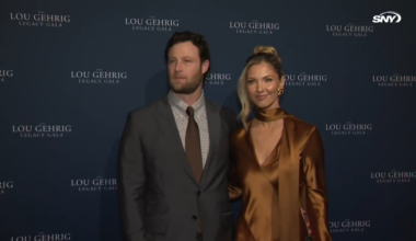 (SNY) Gerrit Cole and his wife Amy arrive at the red carpet of the Lou Gehrig Legacy Gala for ALS United Greater New York