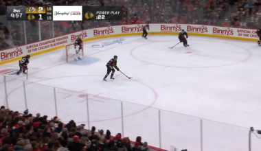 Oliver Moore, who drew the penalty, sets up Ryan Greene, who finally scores on the power play for his 3rd goal of the season