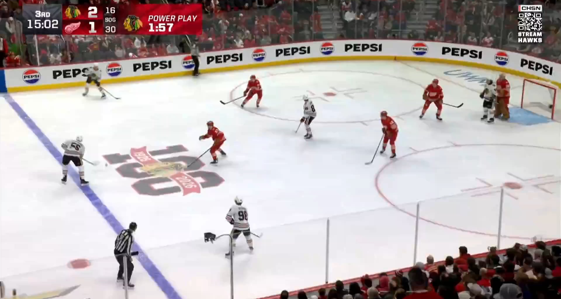 Tyler Bertuzzi scores on the power play for his 6th goal in his last SEVEN periods.  Chicago is 3-for-3 on the man advantage today.