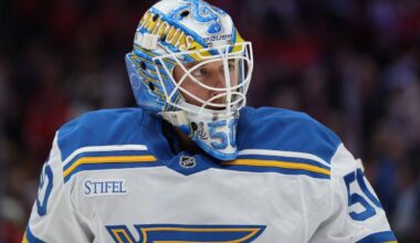 Blues’ Jordan Binnington tries to hide Alex Ovechkin’s 900th goal puck in his pants