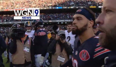 [GNSportsTV] Caleb Williams got a chance to say hello to Aaron Rodgers after the #Bears 31-28 victory over the Steelers and even asked for his jersey to commemorate the occasion 🐻⬇️