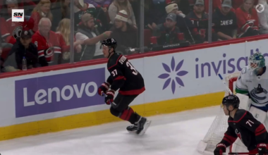Andrei Svechnikov throws an elbow into the head of Filip Hronek. Hronek did not return to the game.