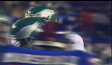Randall Cunningham rolls out and showcases his incredible athleticism, avoiding a Carl Banks sack and throwing a perfect pass. 10/10/1988.