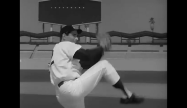 Invited to team practice, a lucky Dodgers fan gets a hit off Sandy Koufax (circa 1963)