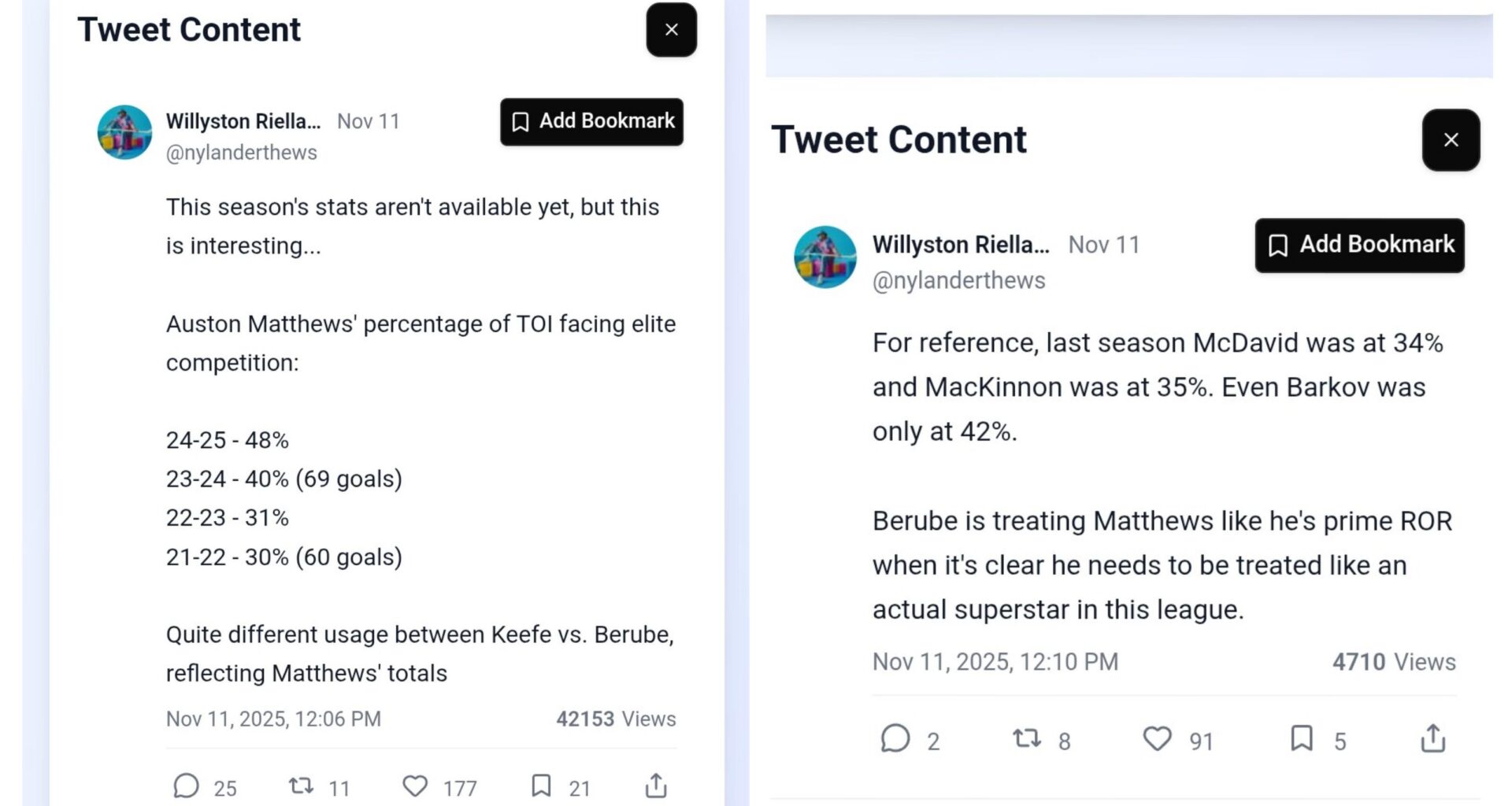 Some interesting stats regarding Matthews's deployment under Berube