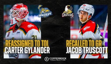 UPDATE: The Griffins recalled defenseman Jacob Truscott from Toledo Walleye. In addition, the Red Wings reassigned goaltender Carter Gylander to Toledo.