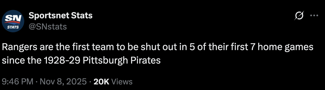 [Sportsnet Stats] Rangers are the first team to be shut out in 5 of their first 7 home games since the 1928-29 Pittsburgh Pirates.