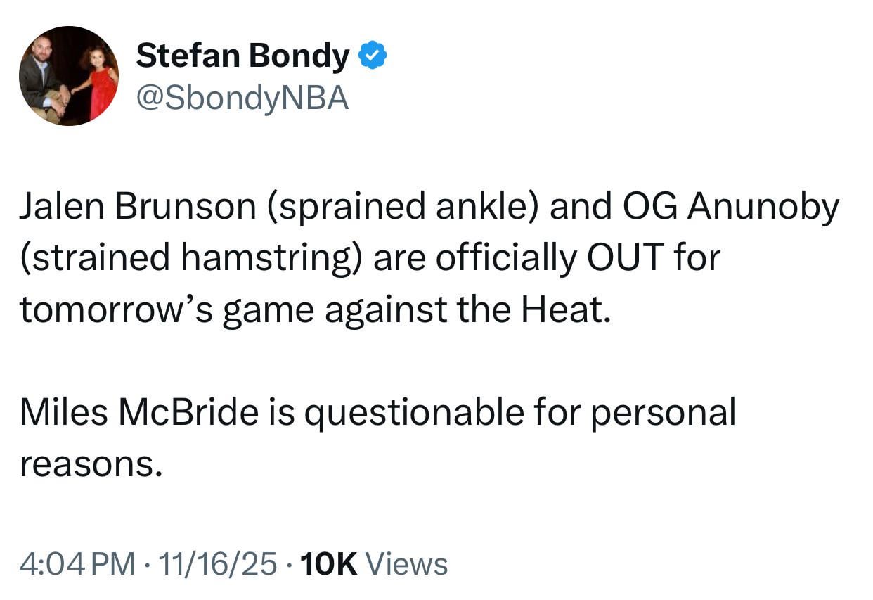 [Bondy] Jalen Brunson & OG Anunoby OUT against Heat. Miles McBride is questionable for personal reasons.