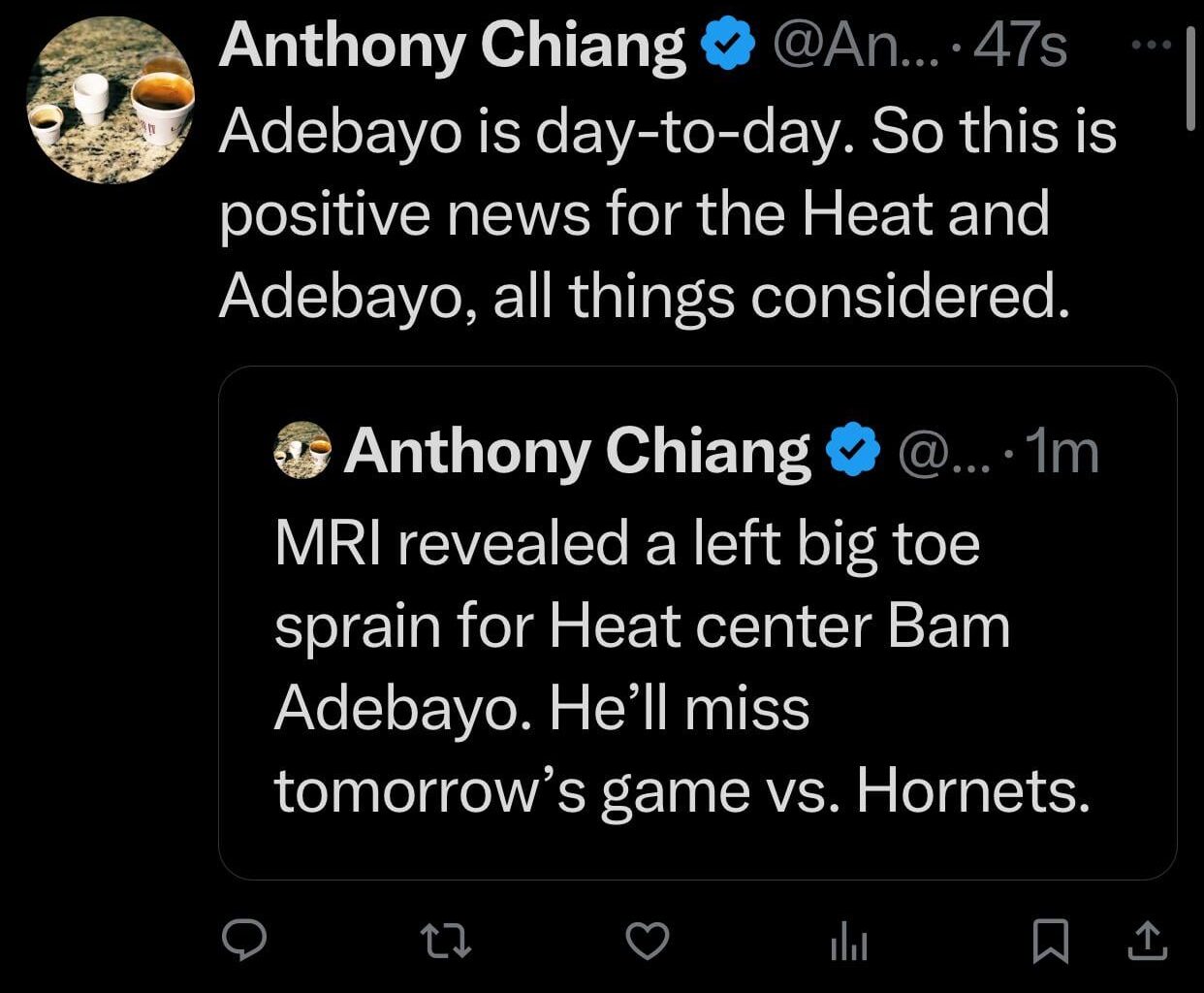 [Chiang] MRI revealed a left big toe sprain for Heat center Bam Adebayo. He’ll miss tomorrow’s game vs. Hornets. Adebayo is day-to-day. So this is positive news for the Heat and Adebayo, all things considered.