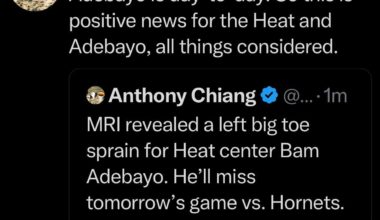[Chiang] MRI revealed a left big toe sprain for Heat center Bam Adebayo. He’ll miss tomorrow’s game vs. Hornets. Adebayo is day-to-day. So this is positive news for the Heat and Adebayo, all things considered.