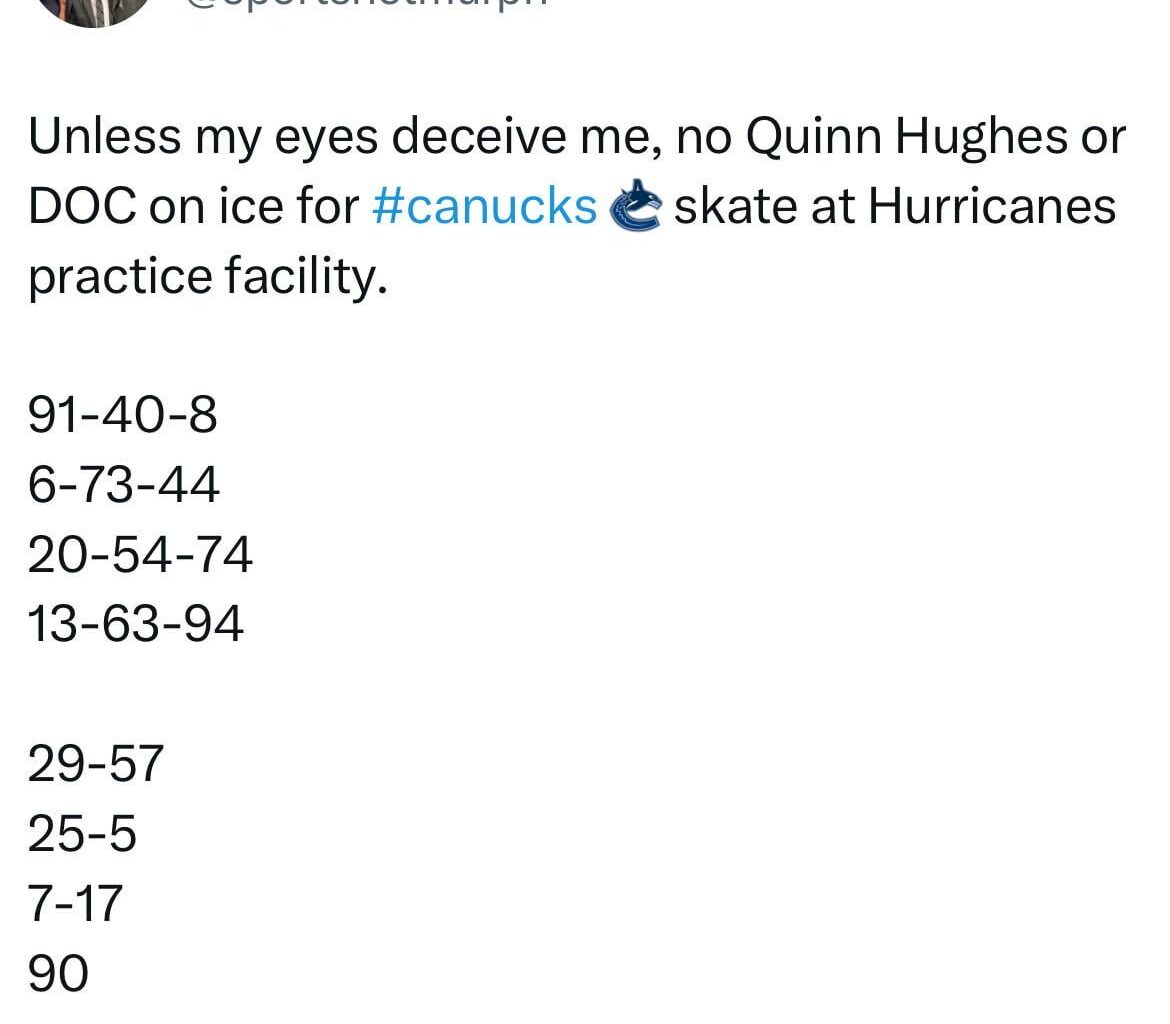 [Murphy] Unless my eyes deceive me, no Quinn Hughes or DOC on ice for #canucks  skate at Hurricanes practice facility.