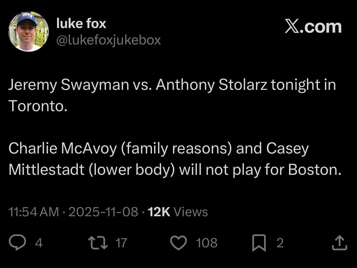 [Fox] Jeremy Swayman vs. Anthony Stolarz tonight in Toronto. Charlie McAvoy (family reasons) and Casey Middlestadt (lower body) will not play for Boston. (Minten and Steeves in Bruins lineup)