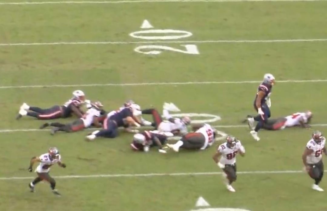 [Zack Cox] Patriots blockers put five Bucs defenders on the ground on TreVeyon Henderson's 69-yard TD run.