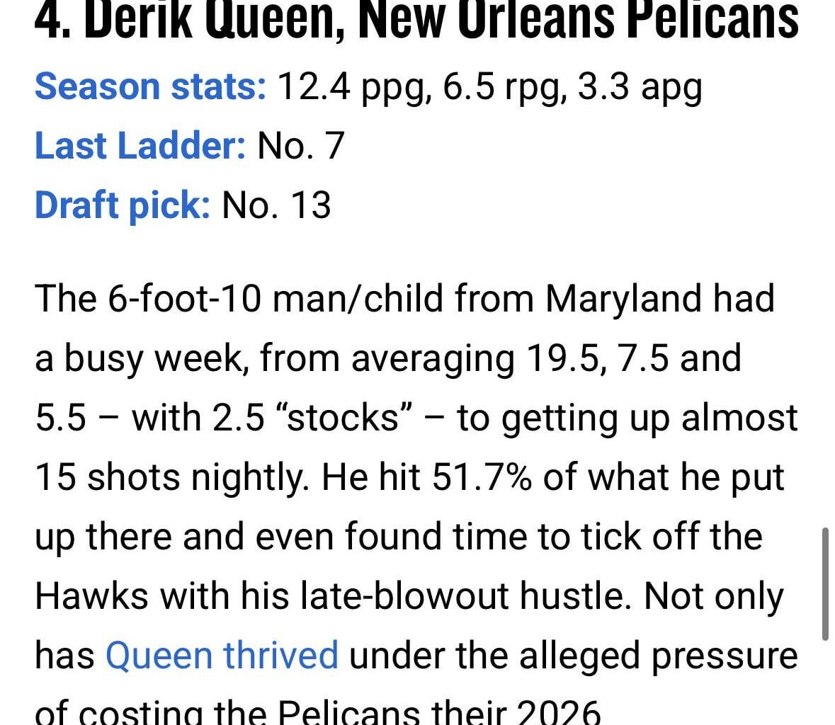 Derik Queen gets called man/ child in latest rookie ladder that ranks him 4th, behind Coward, Flagg, and Knueppel.