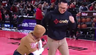 An Atlanta Hawks fan hits a half court shot for $10,000 and proceeds to celebrate in an interesting way