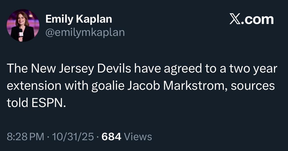 [Kaplan] The New Jersey Devils have agreed to a two year extension with goalie Jacob Markstrom, sources told ESPN.
