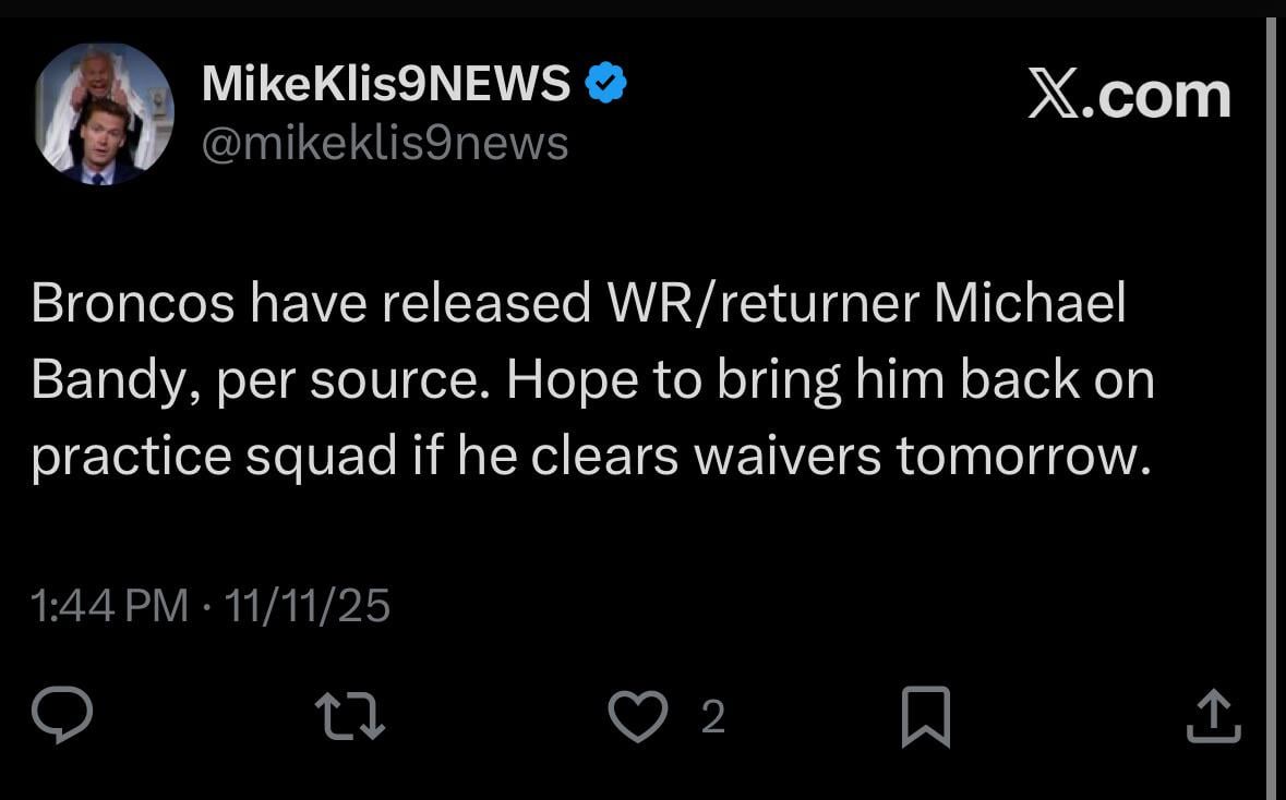 [Klis] Broncos have released WR/returner Michael Bandy, per source. Hope to bring him back on practice squad if he clears waivers tomorrow