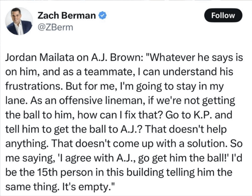 Jordan Mailata pretty much let's the cat out of the bag.  Everyone is telling KP to get AJ more involved.