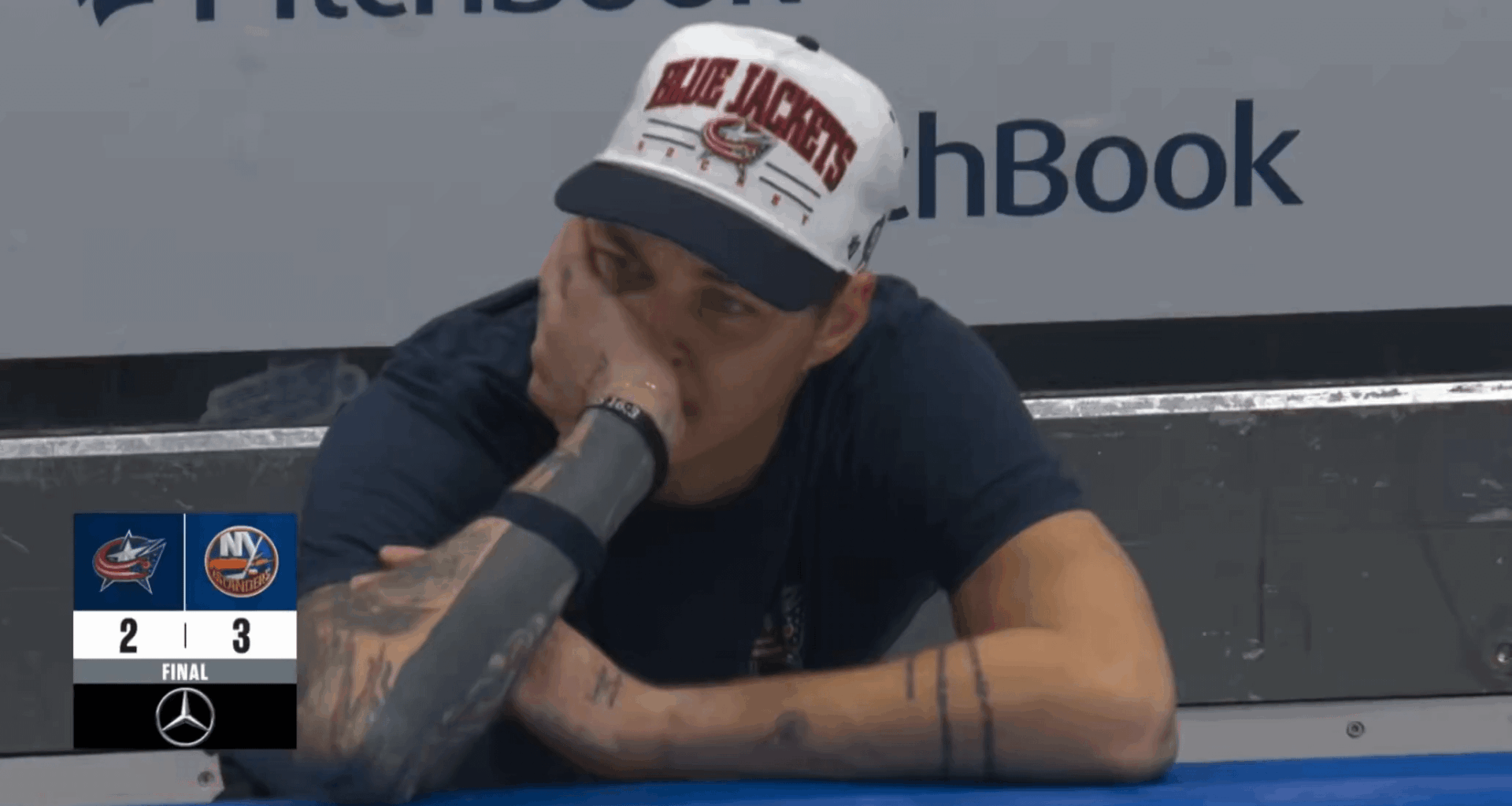 Elvis Merzļikins was nearly in tears on the bench after losing to the Islanders despite the Blue Jackets leading 2-1 with just over a minute to go