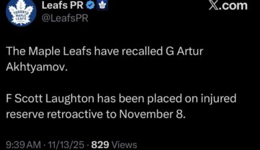 [Leafs PR] The Maple Leafs have recalled G Artur Akhtyamov. F Scott Laughton has been placed on injured reserve retroactive to November 8.