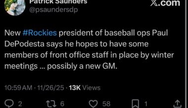 [Saunders] New #Rockies president of baseball ops Paul DePodesta says he hopes to have some members of front office staff in place by winter meetings … possibly a new GM.