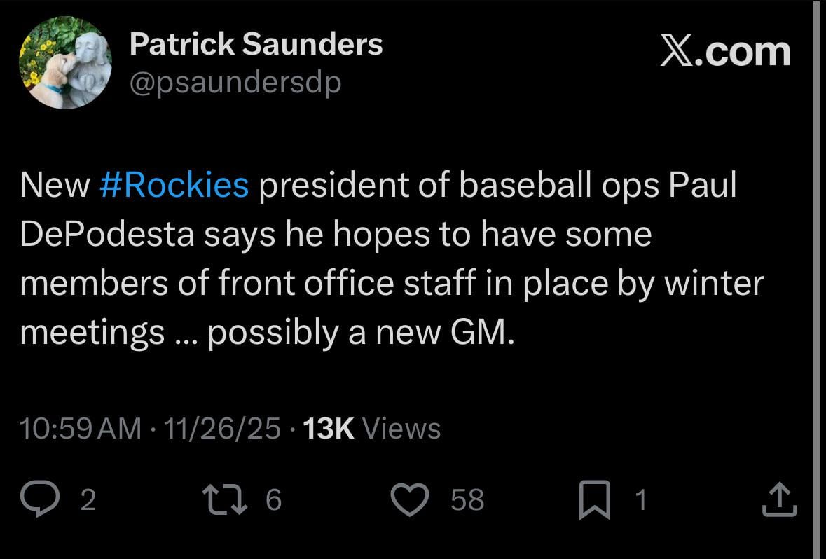 [Saunders] New #Rockies president of baseball ops Paul DePodesta says he hopes to have some members of front office staff in place by winter meetings … possibly a new GM.