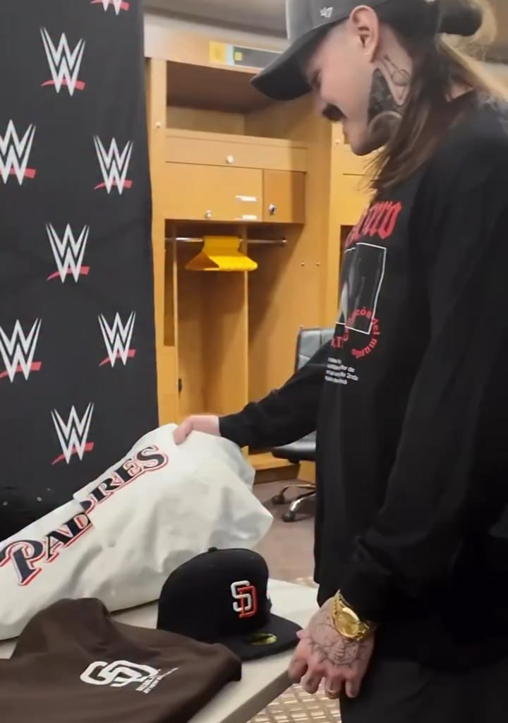 Dominik Mysterio is welcomed home with some gear from Padres! ⚾️ Survivor Series