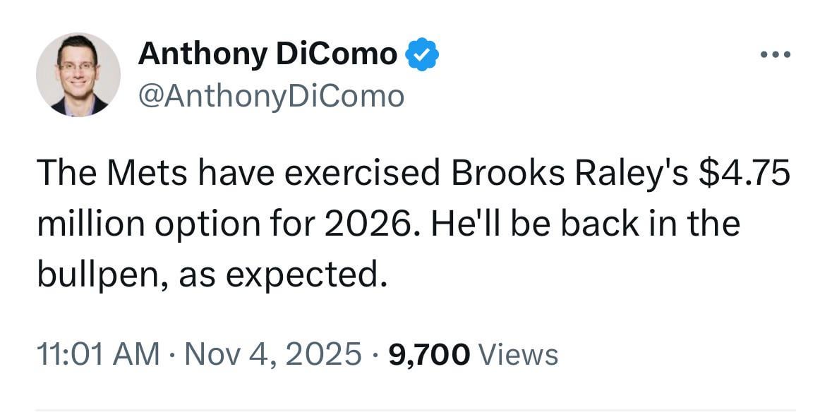 [DiComo] Mets excercise club option on Brooks Raley