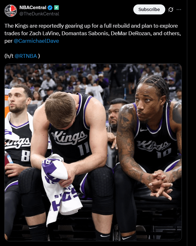 The Kings are reportedly gearing up for a full rebuild and plan to explore trades for Zach LaVine, Domantas Sabonis, DeMar DeRozan, and others, per @CarmichaelDave