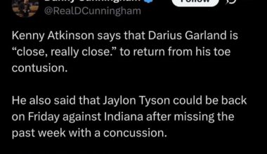 [Danny Cunningham] Darius Garland is close to returning and Jaylon Tyson could be back Friday