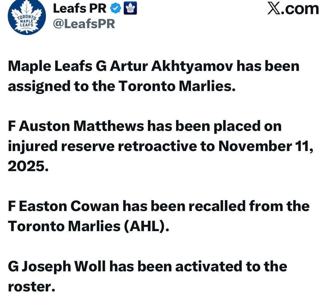 F Auston Matthews has been placed on injured reserve retroactive to November 11, 2025.