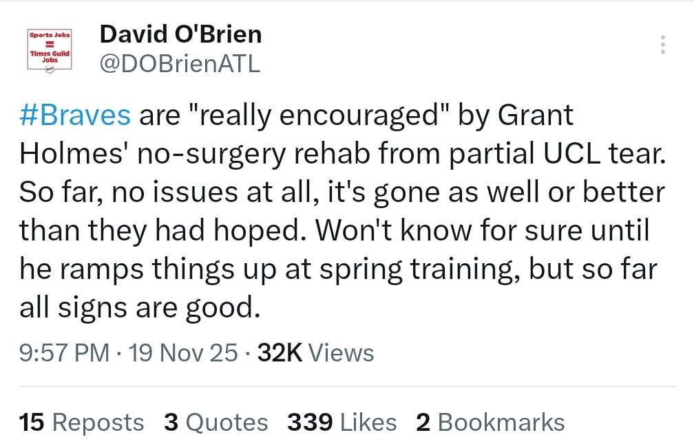 #Braves are "really encouraged" by Grant Holmes' no-surgery rehab from partial UCL tear
