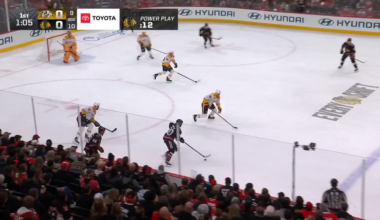 Ryan Donato, with cotton in his nose after taking a high stick, snipes his 8th goal of the season