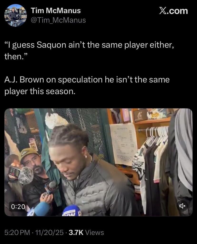 [Tim_Mcmanus] “I guess Saquon ain’t the same player either, then.” A.J. Brown on speculation he isn’t the same player this season.