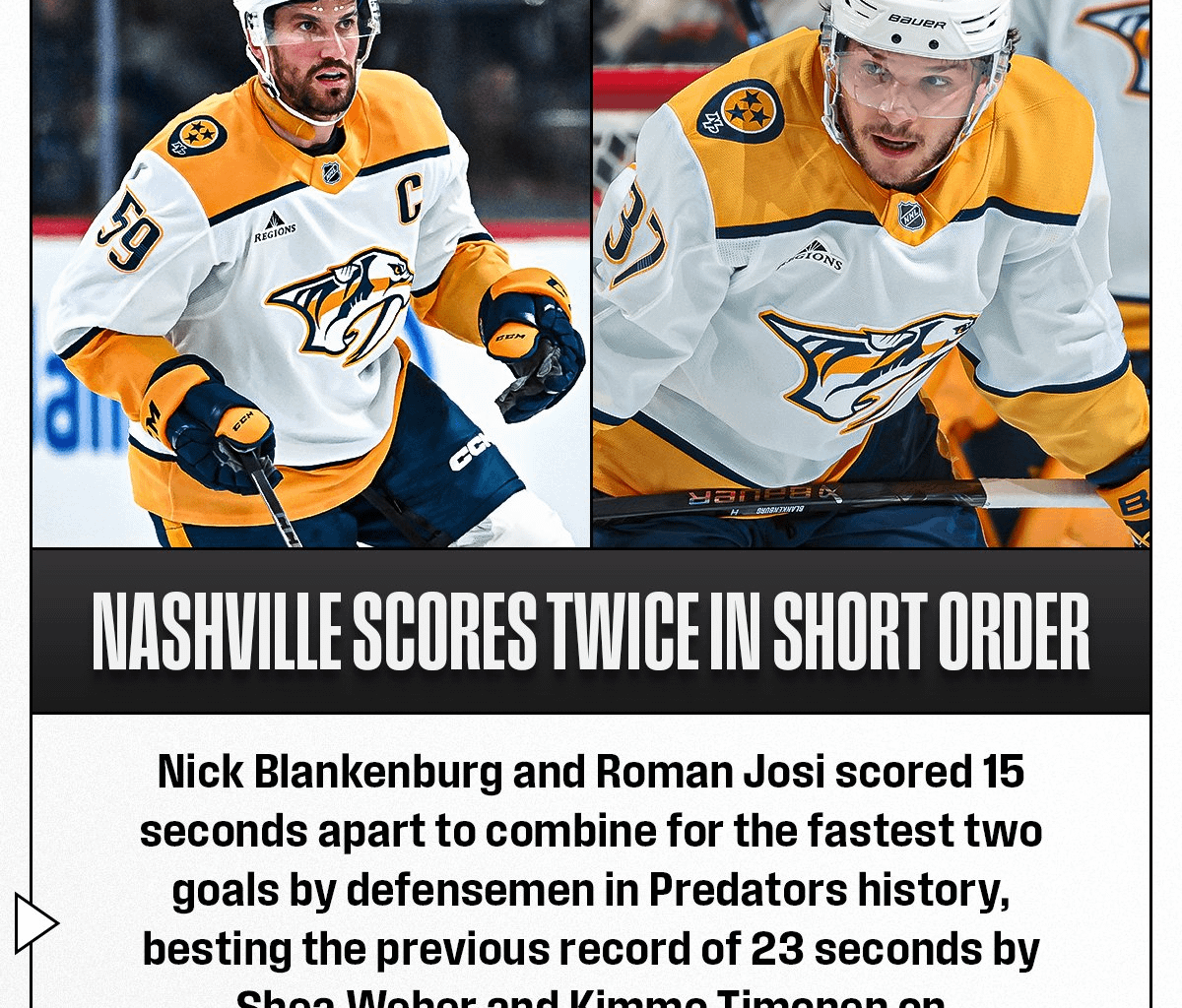 Blankenburg and Josi set a record for fastest goals scored by defensemen
