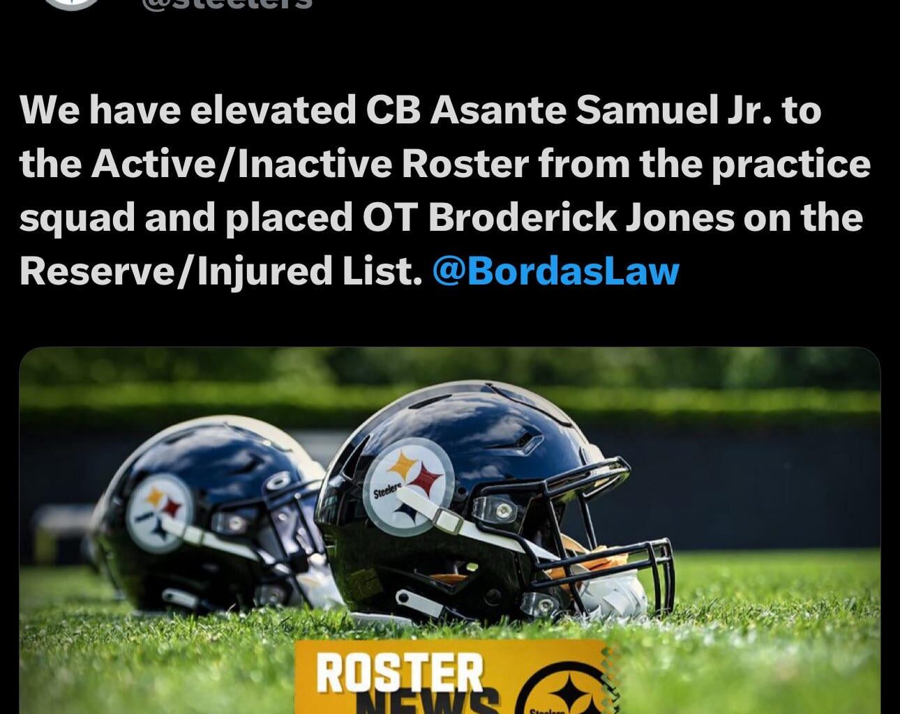 Cb Asante Samuel Jr to active roster..OT Broderick Jones to IR.